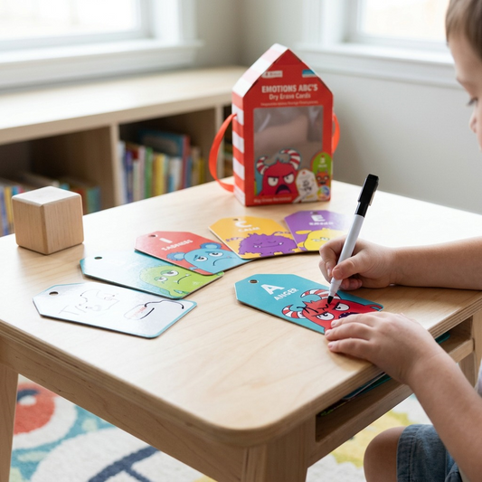 Lifestyle photo: a close-up on a wooden table, showing several of the open emotion flashcards and the dry-erase black marker being used for drawing. Natural light, selective focus. Fdmt brand. (96 characters)