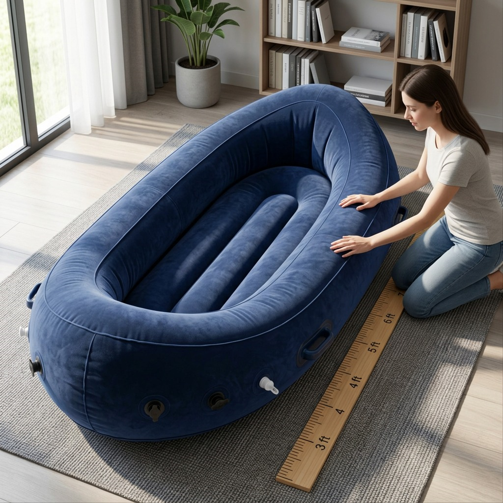 A blue fdmt Inflatable Peapod sensory chair next to a woman and measuring stick for scale.