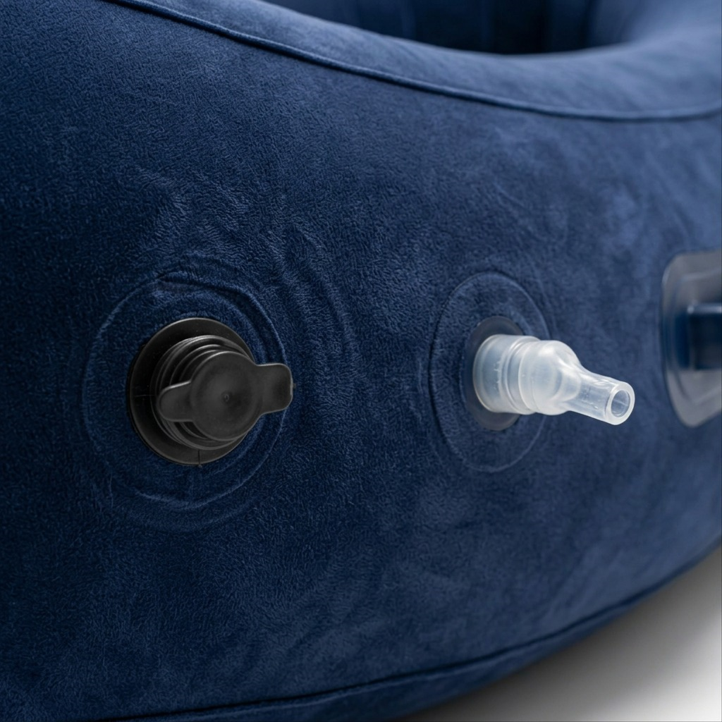 Macro detail of blue fdmt Inflatable Peapod showing soft flocked texture and air valve nozzles.