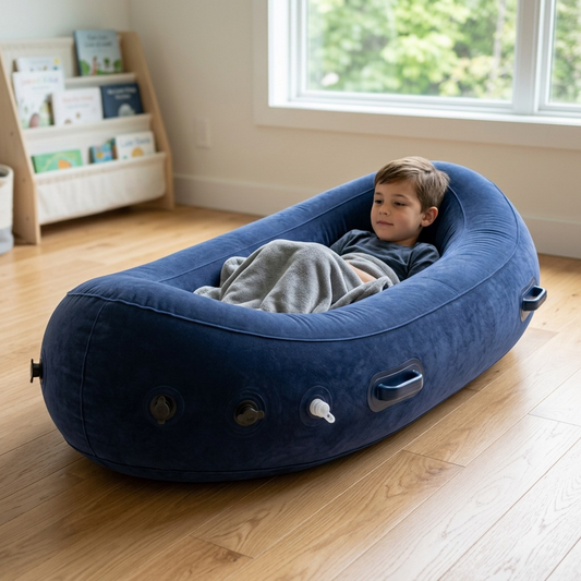 A child relaxing in a blue fdmt Inflatable Peapod sensory chair on a wooden floor in a bright room.