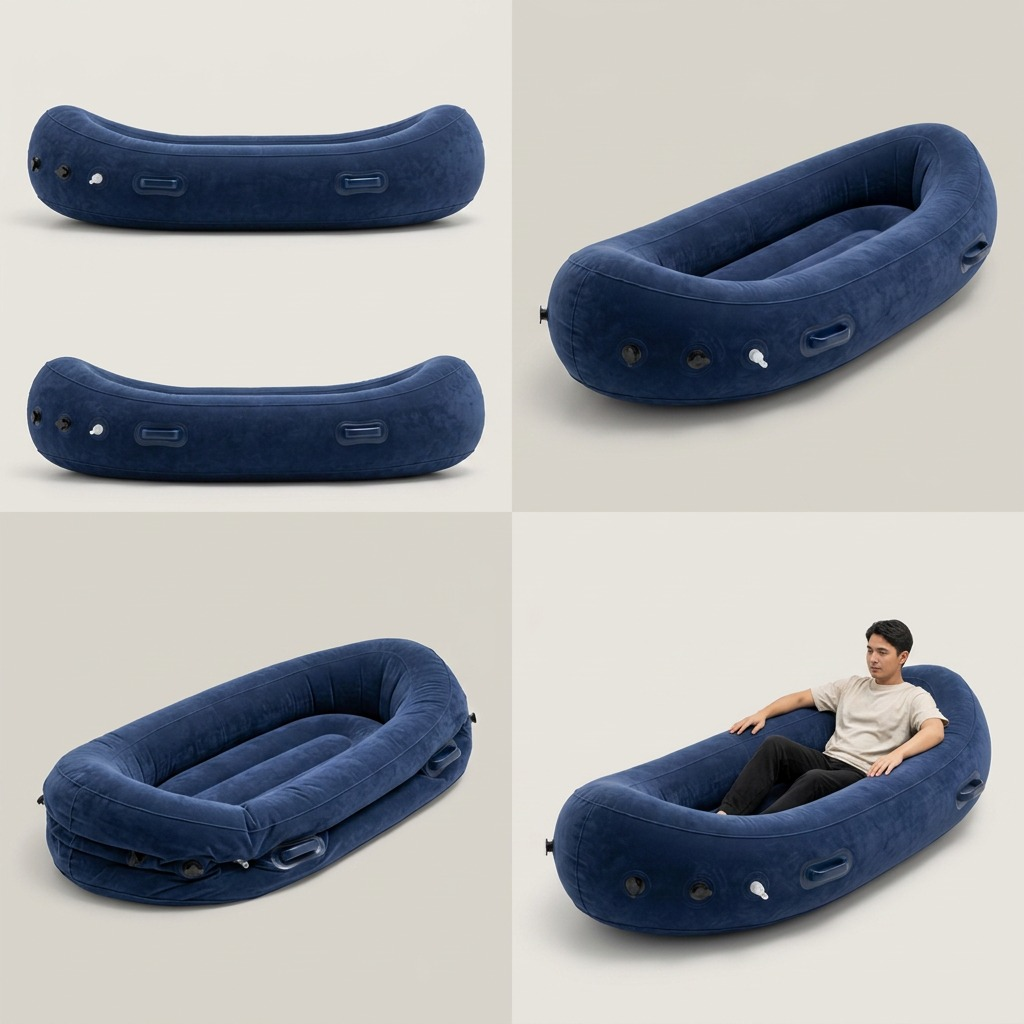 Four-panel grid showing the fdmt blue inflatable peapod from multiple angles and in use by a person.