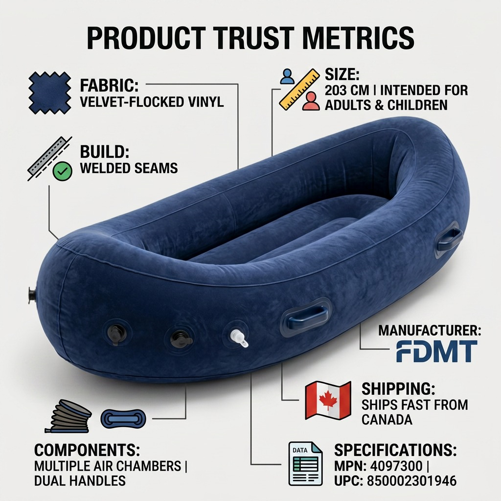 Infographic for blue fdmt Inflatable Peapod, highlighting 203 cm size and velvet-flocked vinyl.