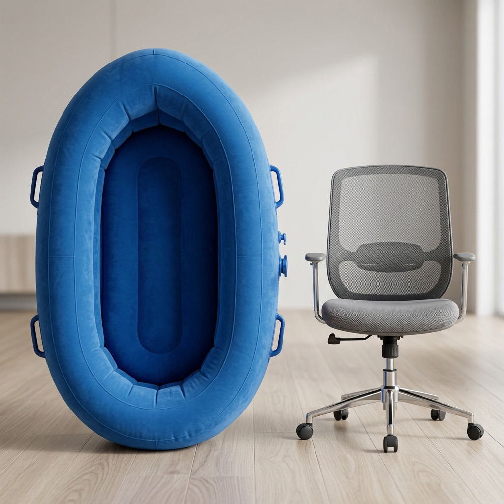 Blue 48 inch fdmt inflatable sensory pod shown upright next to a mesh office chair for scale.