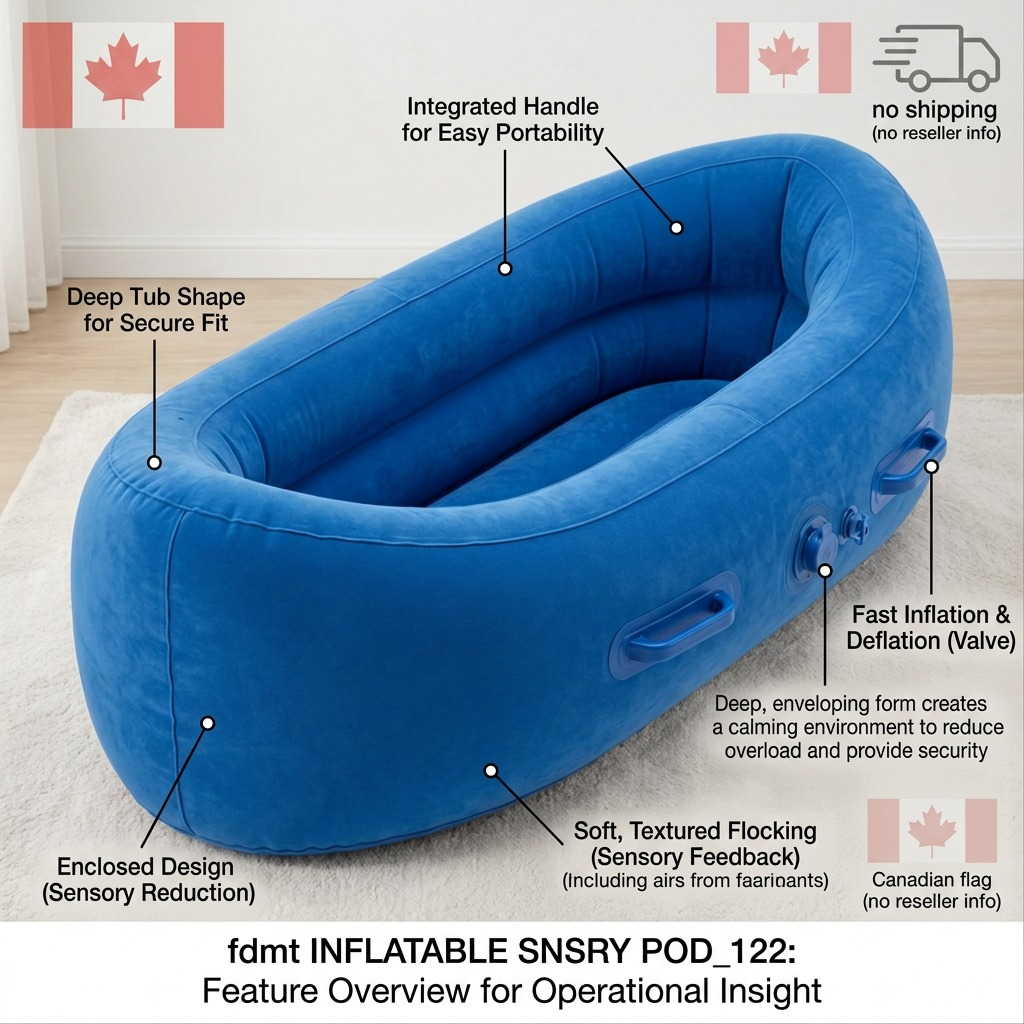 Blue fdmt inflatable sensory pod with feature callouts for handles, flocking, and air valves.