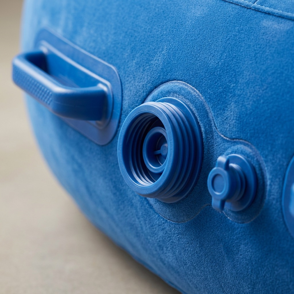 Macro detail of blue flocked fabric, air valve, and carry handle on the fdmt Inflatable Sensory Pod.