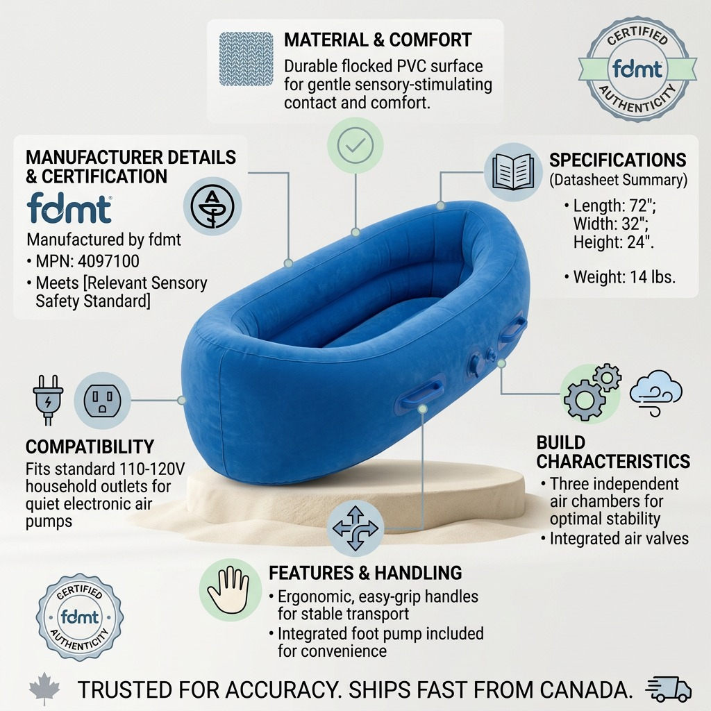 Infographic for the fdmt Inflatable Sensory Pod showing material details and manufacturer certifications.
