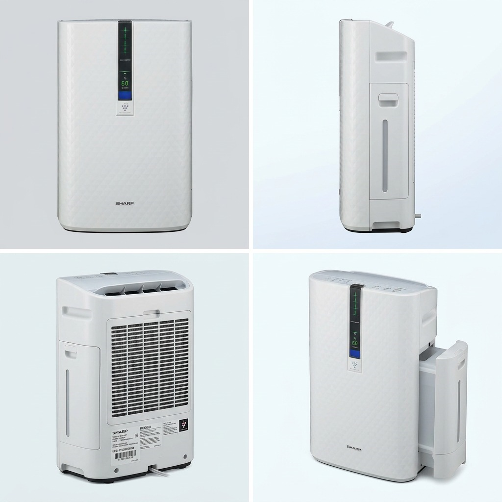 Premium ecommerce visual matrix showcasing the SHARP KC850U air purifier from three strategic views: front, side profile, and rear panel view, maintaining consistent branding and realistic lighting.