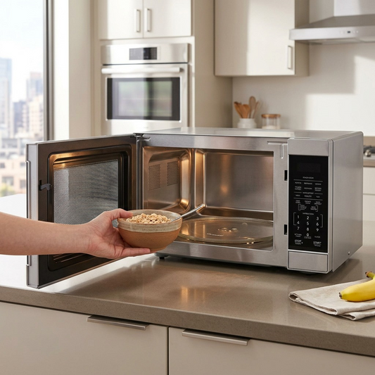 Lifestyle photo of the Sharp SMC1664KSC stainless steel microwave on a modern kitchen counter with a ceramic bowl.
