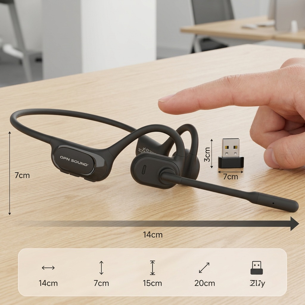 A scale reference image comparing the OPN Sound Chat Pro headset and USB receiver to a human finger.