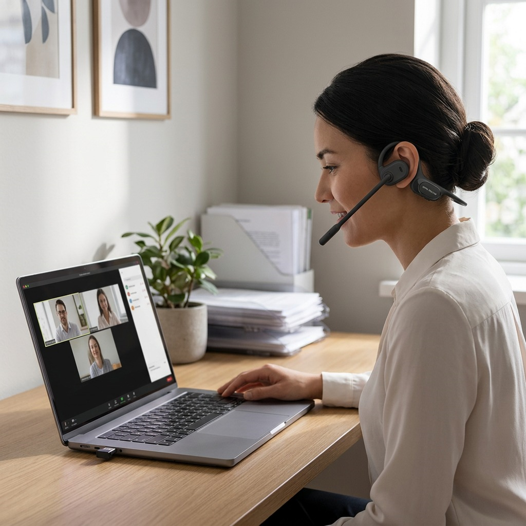 Lifestyle photo OPN Sound Chat Pro (MPN: OS5050BL) bone conduction headset on a professional at a desk.