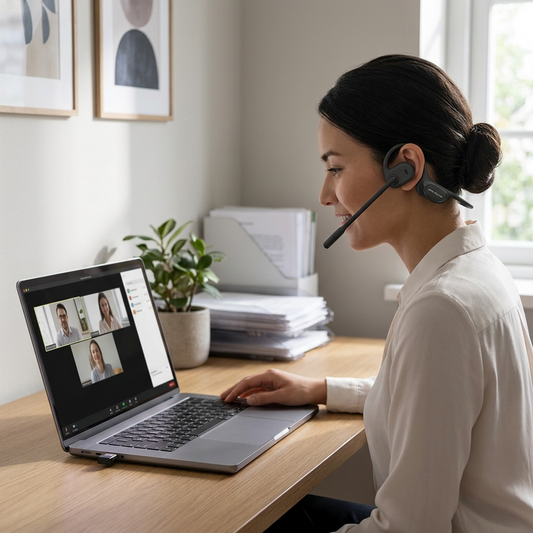 Lifestyle photo OPN Sound Chat Pro (MPN: OS5050BL) bone conduction headset on a professional at a desk.