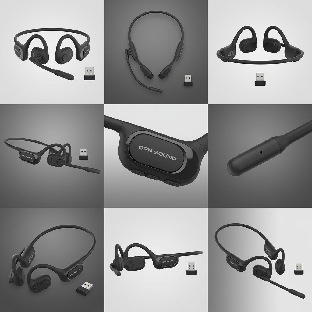 A 3x3 matrix showing the OPN Sound Chat Pro headset from various angles on a soft grey background.