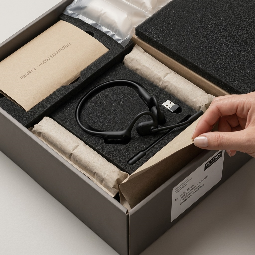 OPN Sound Chat Pro headset and USB dongle securely nestled in protective foam and void fill packaging.