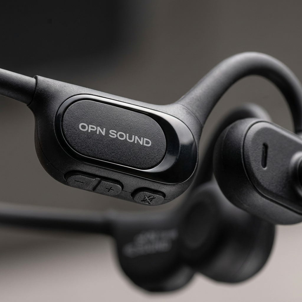 Macro close-up of OPN Sound Chat Pro: detailed textures of control pod, buttons, and bone conduction pad.