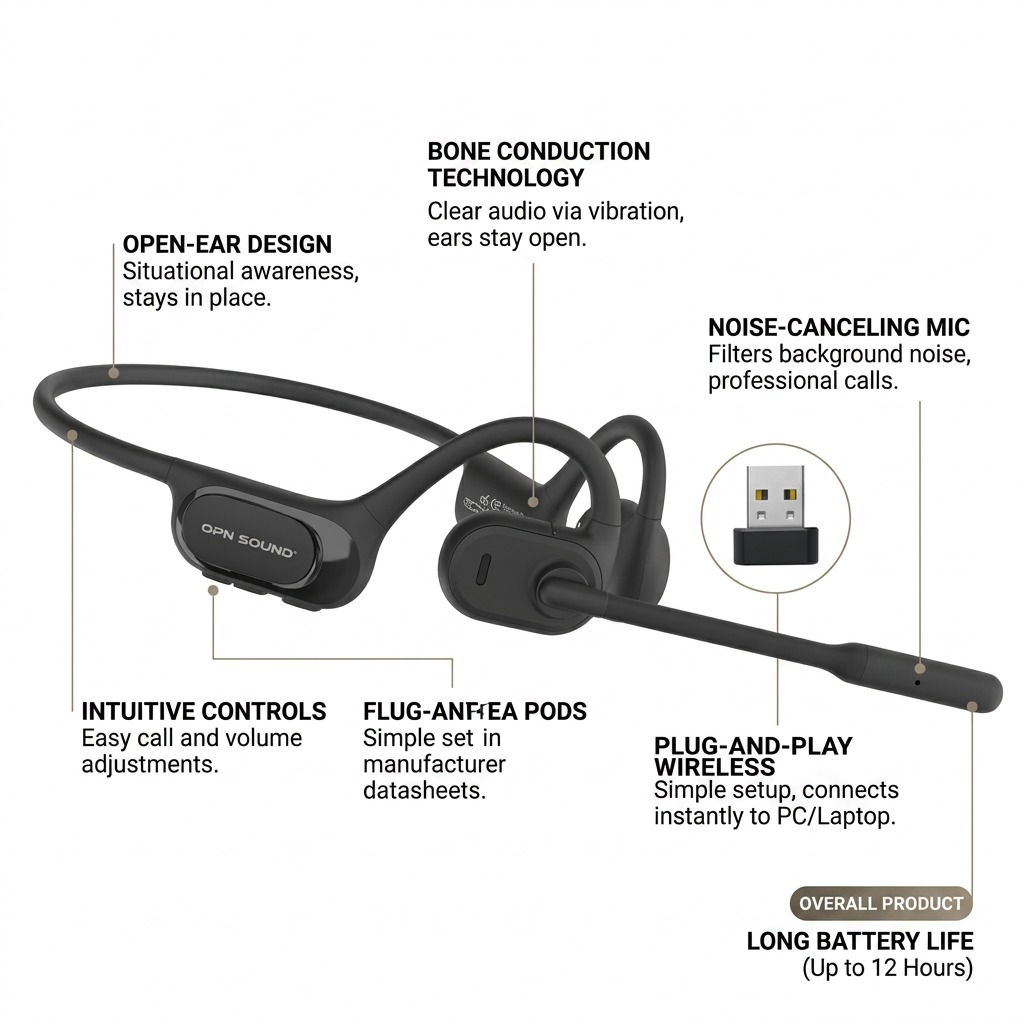 A product feature diagram of the OPN Sound wireless bone conduction headset with the included USB dongle and microphone boom. Text callouts highlight key functions: Open-Ear Design, Situational awareness; Bone Conduction Technology, Clear audio via vibration; Noise-Canceling Mic, Professional calls; Intuitive Controls, Volume and call adjustments; Plug-and-Play Wireless, for PC connections; and Long Battery Life, up to 12 hours. A side panel indicates fast Canadian shipping.