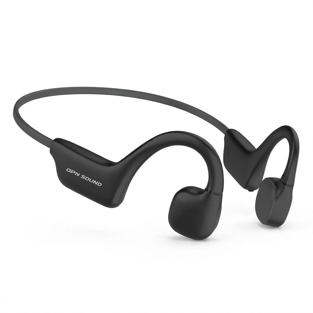 A high-resolution, centered flat lay of OPN Sound Osso bone conduction headphones on white background.