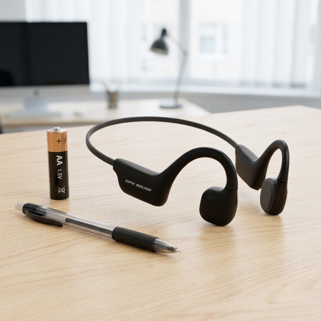 An OS1000BC bone conduction headphone sits naturally on a light wooden desk, positioned adjacent to a standard AA alkaline battery to provide a clear and undeniable sense of its true scale.