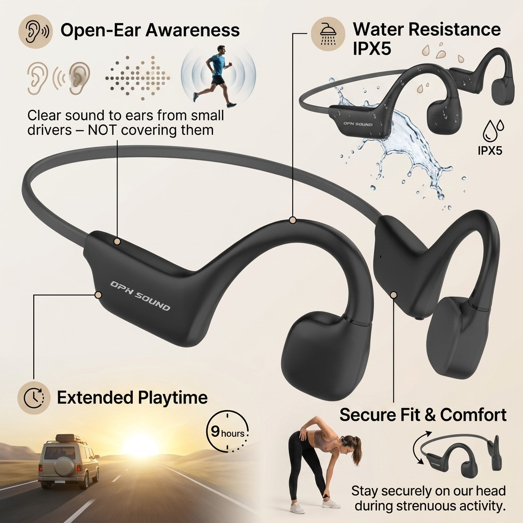 A factual e-commerce visual for OPN Sound Osso, highlighting open-ear awareness, IPX5 waterproof rating, and 9-hour runtime.