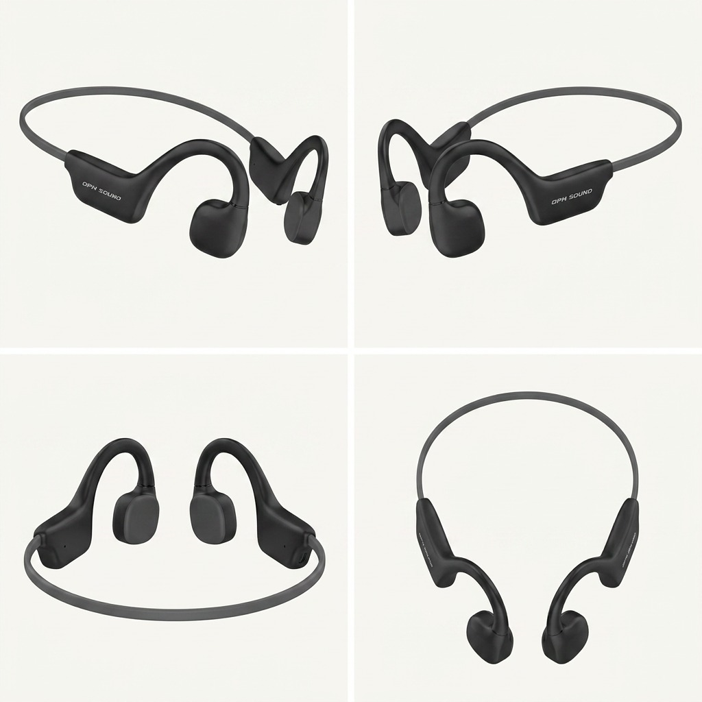 Four views of black OPN SOUND bone conduction headphones arranged in a 2x2 grid.