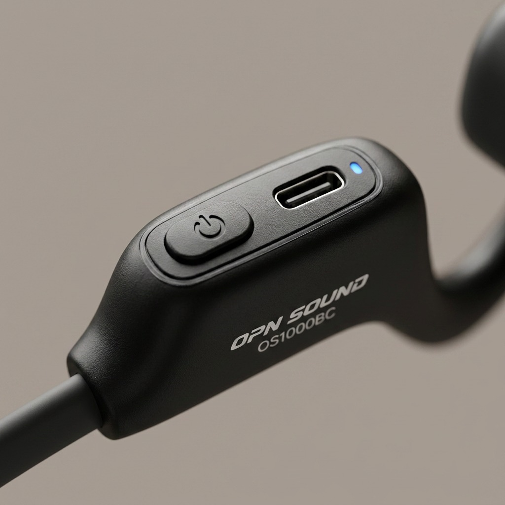Macro shot of OPN Sound Osso right side control and charging area.