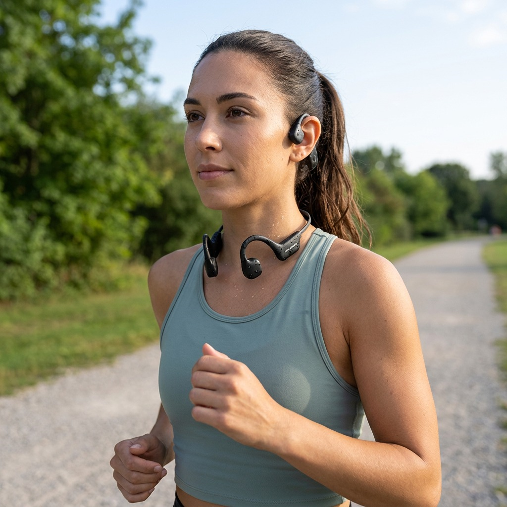 Close-up of OPN Sound Osso bone conduction headphones worn by a runner during an outdoor workout.