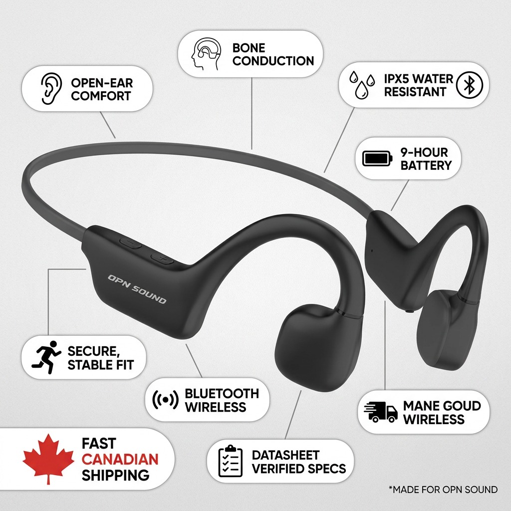 Infographic of OPN Sound Osso bone conduction headphones highlighting technical specifications.