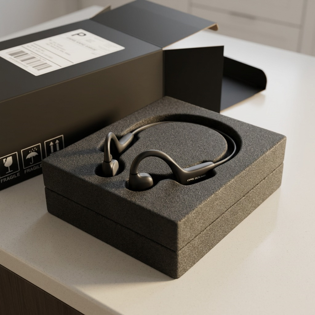 A premium unboxing view of the OPN Sound Osso bone conduction headphones, securely nestled in custom protective foam.