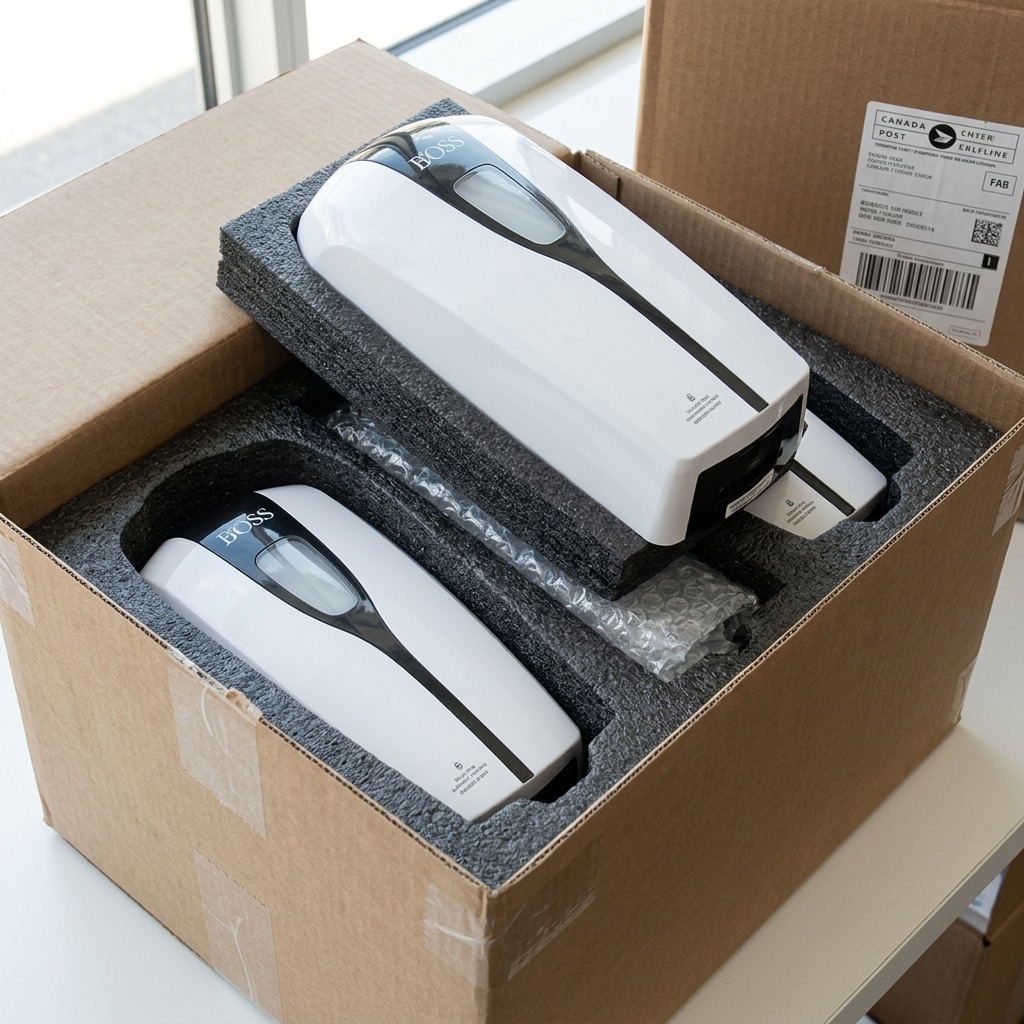 A visual of BiOSS touch-free dispensers protected by custom foam inserts within a sturdy shipping context.