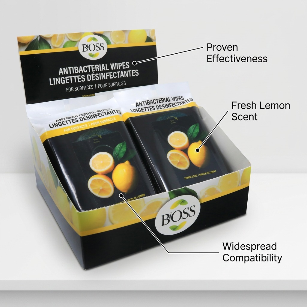 BiOSS Antibacterial Surface Wipes in a 10-pack display box with fresh lemon scent callouts.