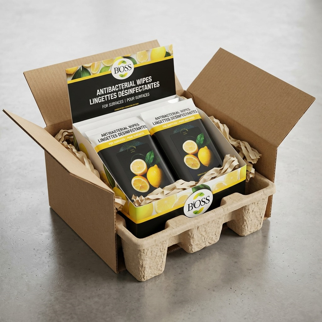 BiOSS Antibacterial Surface Wipes case of 10 packs securely packaged in a shipping box with dunnage.
