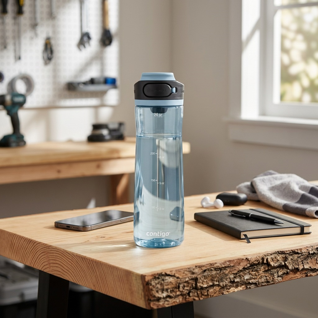A 24 oz Contigo Autoseal reusable bottle on a modern pine workbench with gym gear.