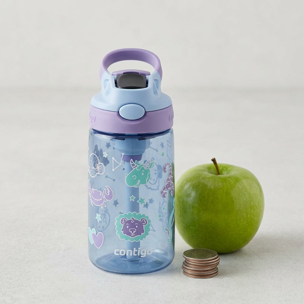 A kids' zodiac water bottle shown next to an apple and coins for a clear size comparison.