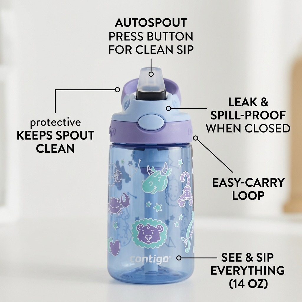 A clean ecommerce feature graphic of the Contigo Aubrey Zodiac water bottle with short text callouts highlighting five key features: Press Button for Clean Sip (AUTOSPOUT), Keeps Spout Clean (protective cover), Leak & Spill-Proof When Closed, Easy-Carry Loop, and See & Sip Everything (14 OZ). Grounded in product facts.