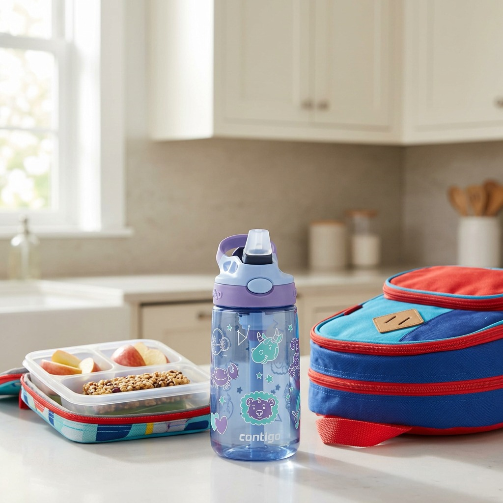 Lifestyle shot of a child's blue Contigo bottle with zodiac patterns, on a kitchen counter next to a school bag and fruit.