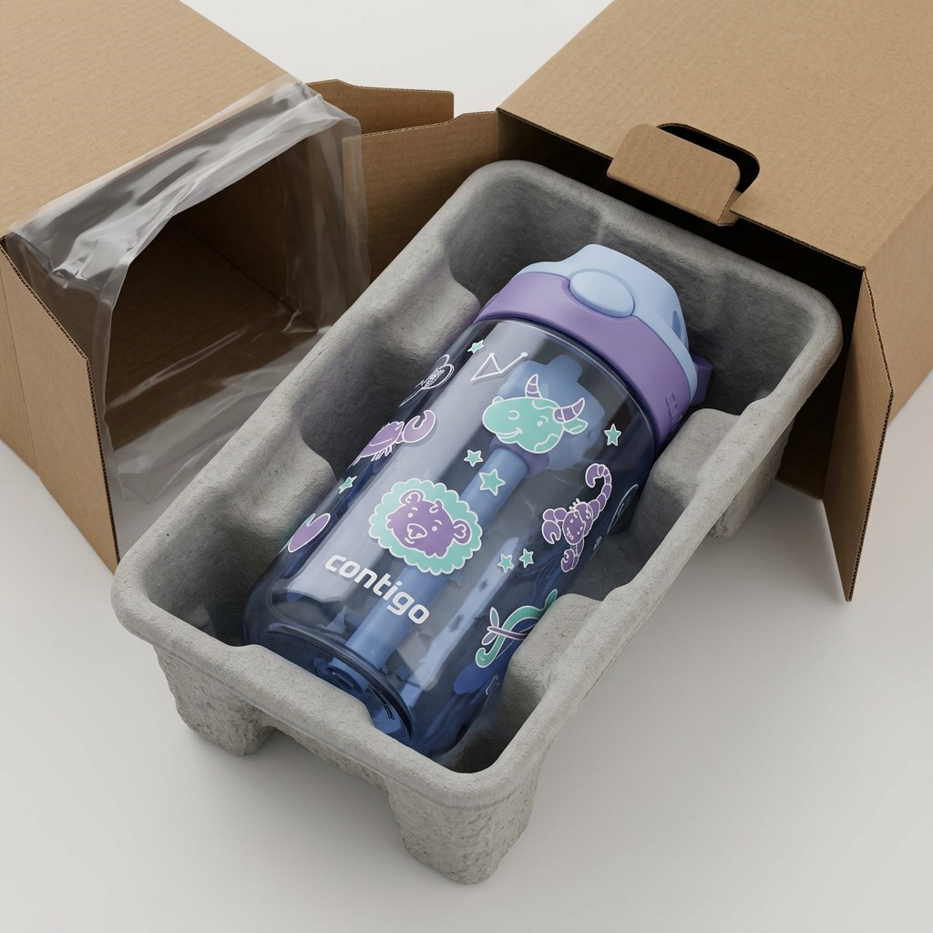 Unboxing the Contigo water bottle from its secure, cushioned shipping tray.