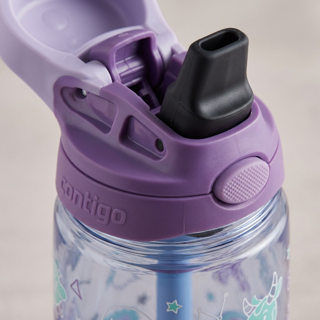 A detailed macro photograph showing the precise design of the Contigo Aubrey water bottle's spill-proof AUTOSPOUT straw mechanism.