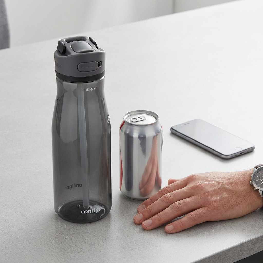 A large licorice-colored 40 oz water bottle is shown for scale on an outdoor table next to a tiny 12 oz can.