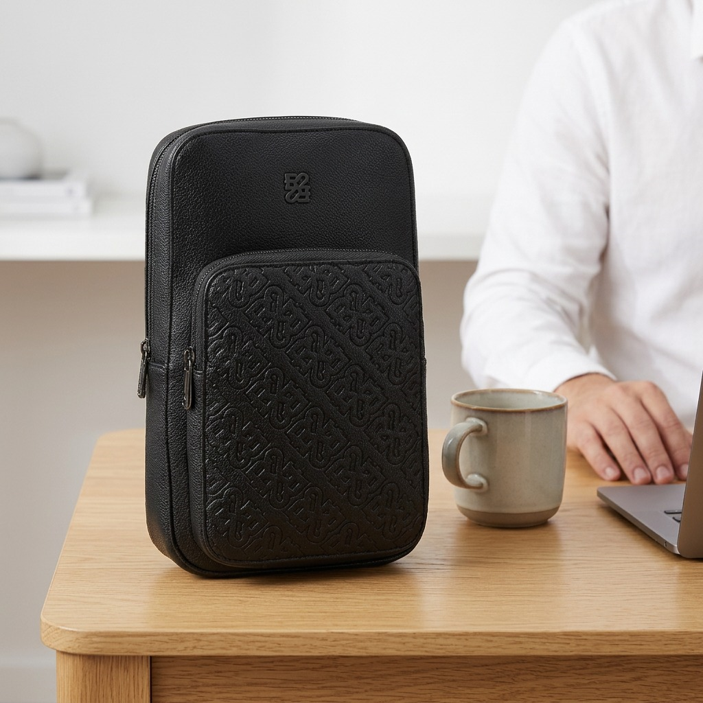 Comparison shot showing the true size of the Bugatti Rick Ross sling bag next to common objects.