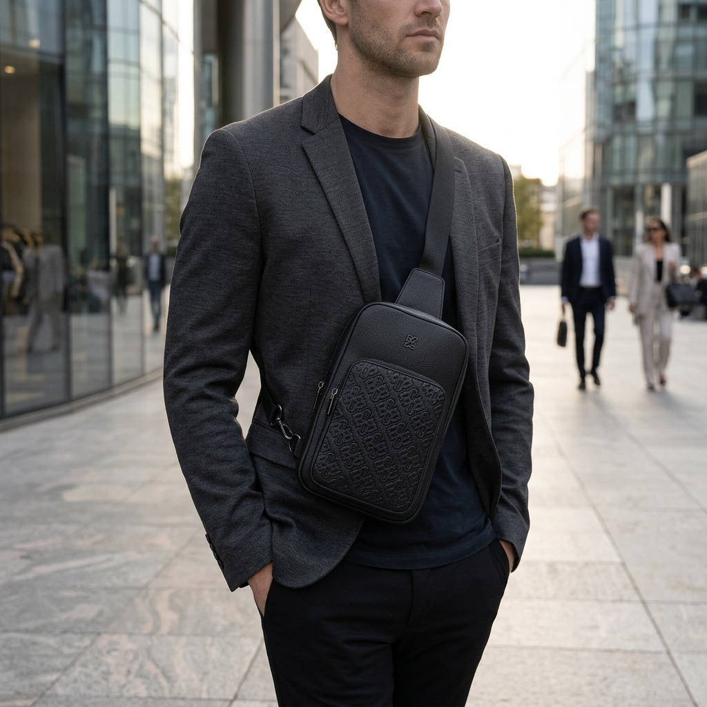 A man in a sleek black leather jacket carries the Bugatti sling bag as he walks down a city street, demonstrating its stylish functionality.