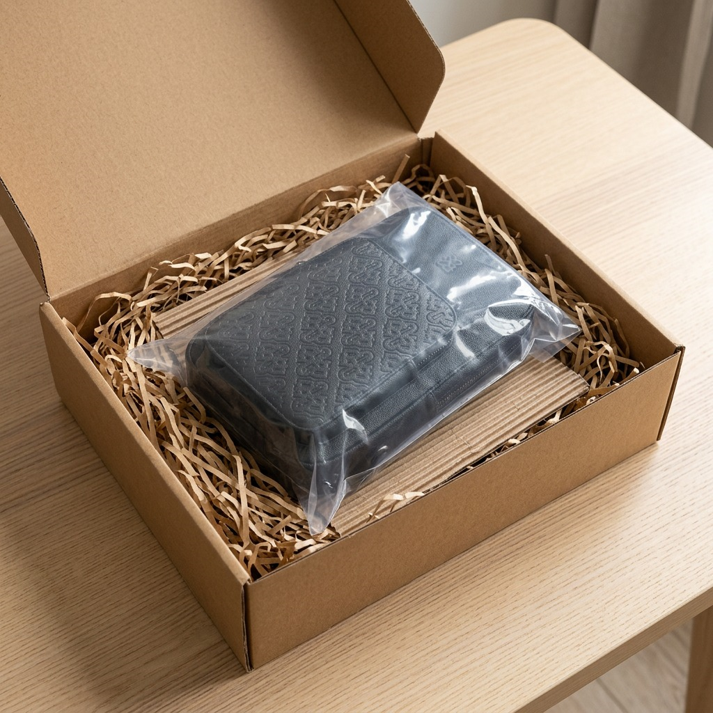 A secure unboxing scene shows the Bugatti Rick Ross sling bag in a protective cardboard shipping box.