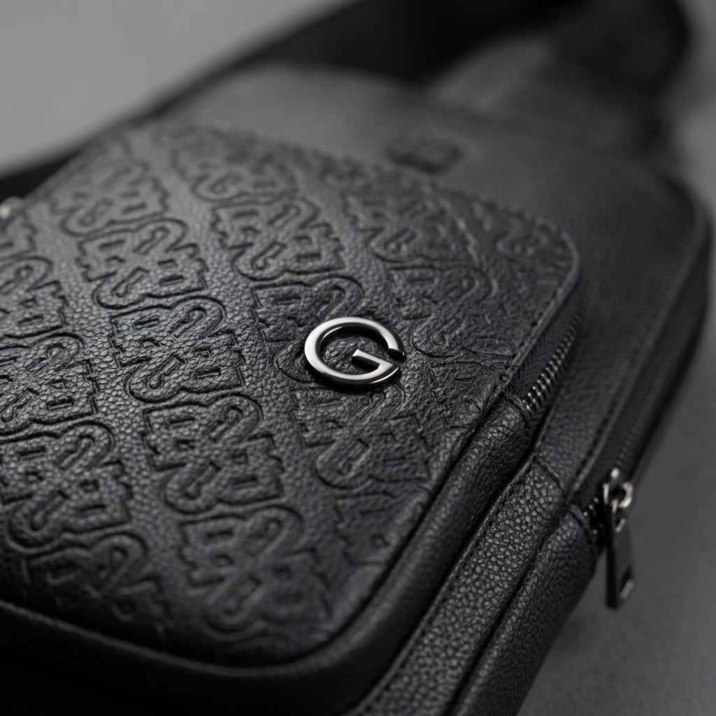 Extreme macro detail showing the intricate repeating debossed RR-G monogram texture on pebbled PU leather.