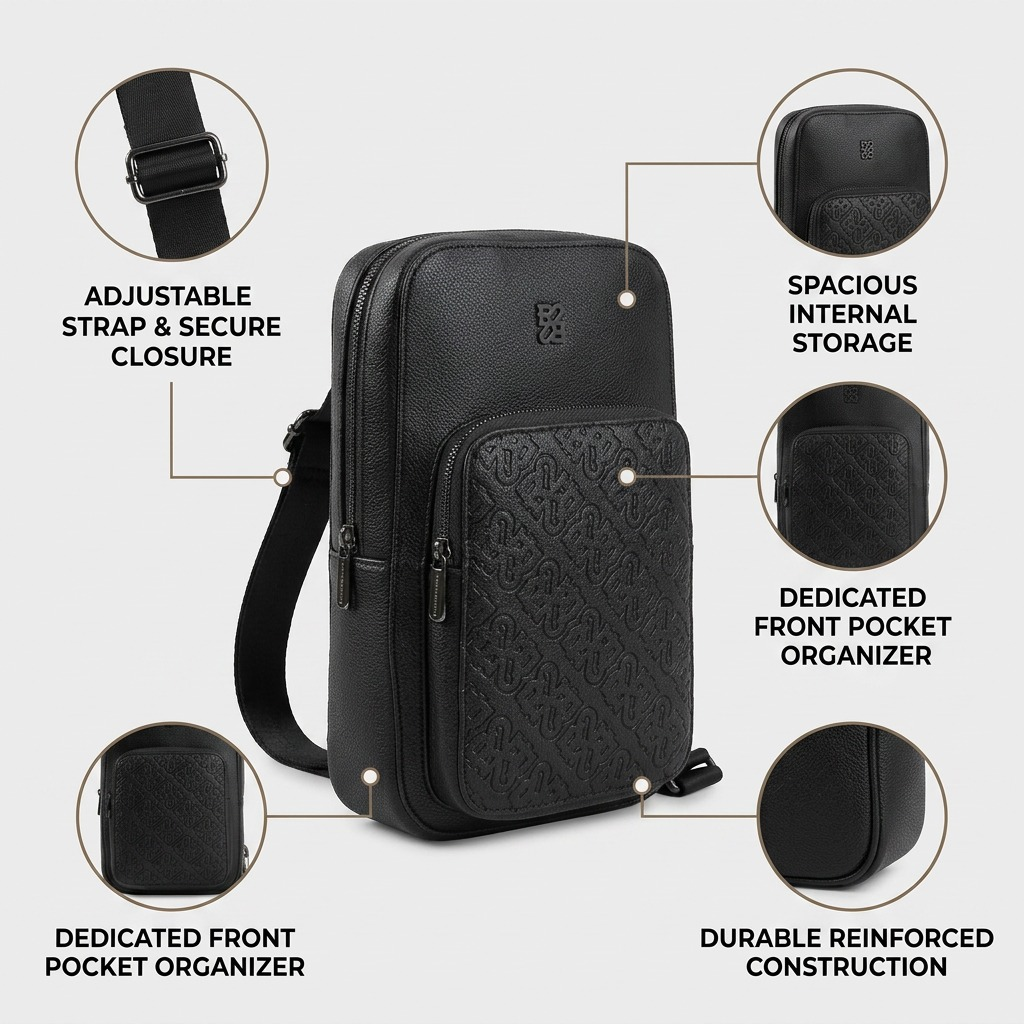 Bugatti Rick Ross sling bag featuring four key feature callouts with pointer lines on a clean background.
