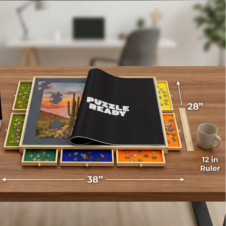 A photo of the Puzzle Ready puzzle board with sorted drawers placed on a wooden desk beside an open 13-inch laptop, depicting real-world scale and proportions.