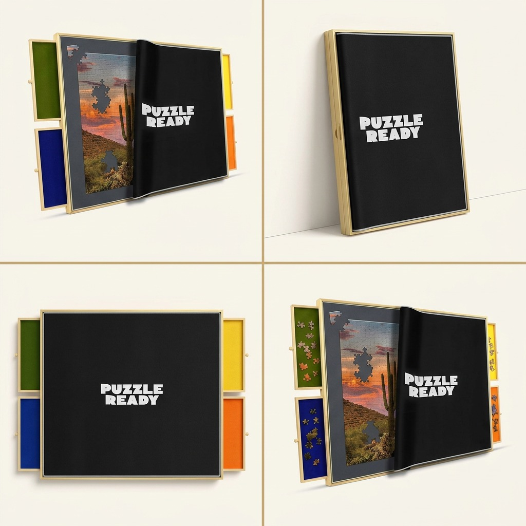 2x2 product matrix showing Puzzle Ready work station in open, flat-lay, rotated, and storage modes.