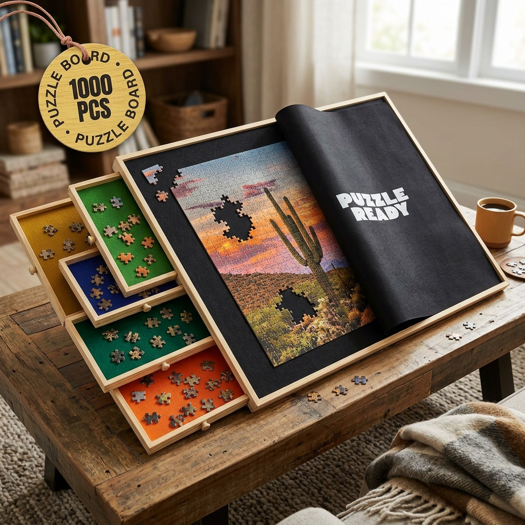 Lifestyle photo of the Puzzle Ready puzzle board set up on a wooden table, featuring an in-progress desert landscape puzzle and drawers.