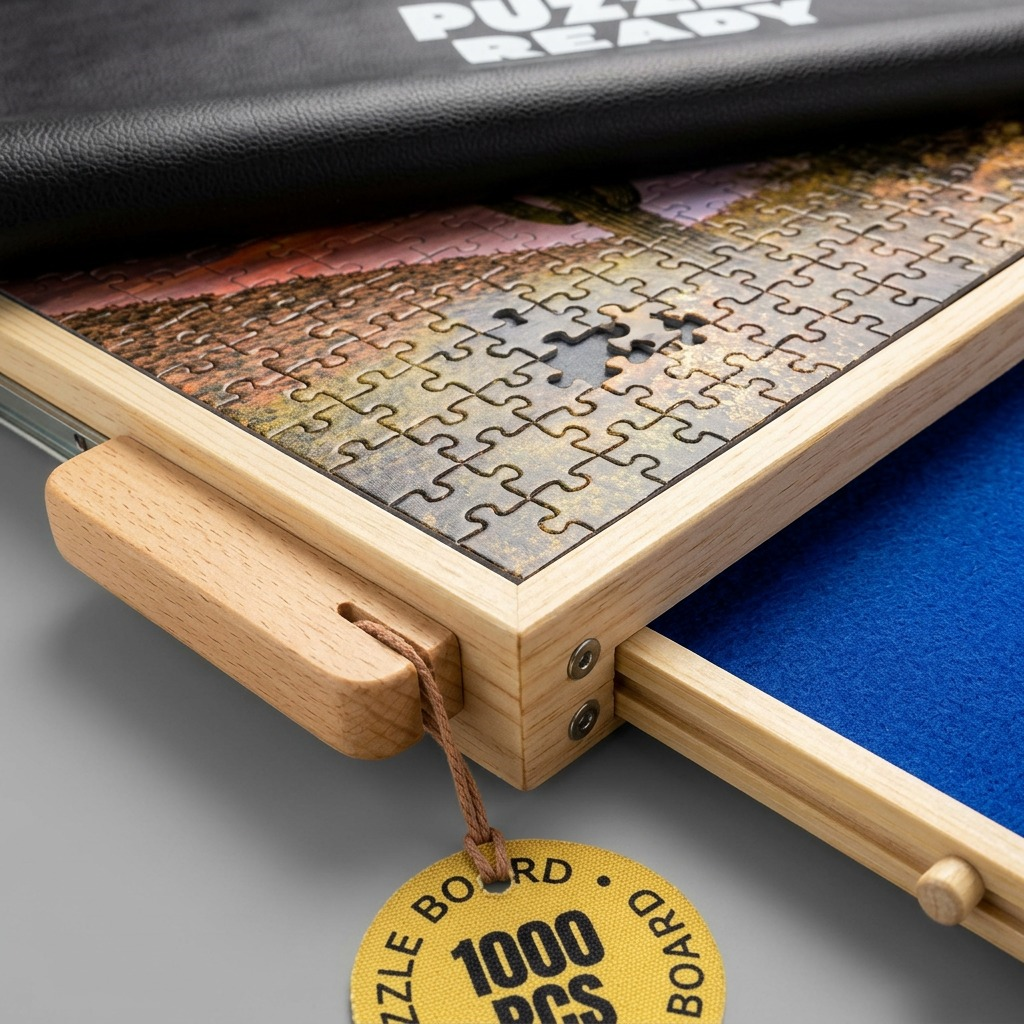 Macro close-up of a wooden puzzle board corner, showing puzzle pieces, soft drawer felt, and cover mat.