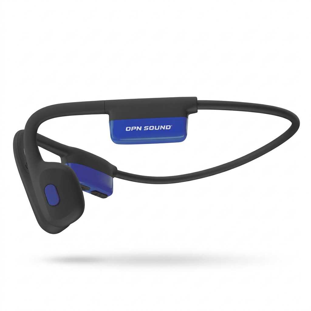 High-resolution 3/4 hero shot of the dark grey and blue OPN Sound Mezzo+ bone conduction headphones, viewed from the side on a pure white background. The "OPN SOUND" text is visible on the blue right earpiece section.