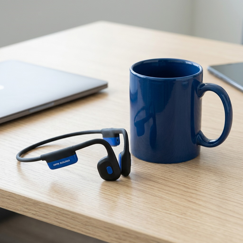 A scale-reference image of OPN Sound Mezzo+ bone conduction headphones beside a standard coffee mug.