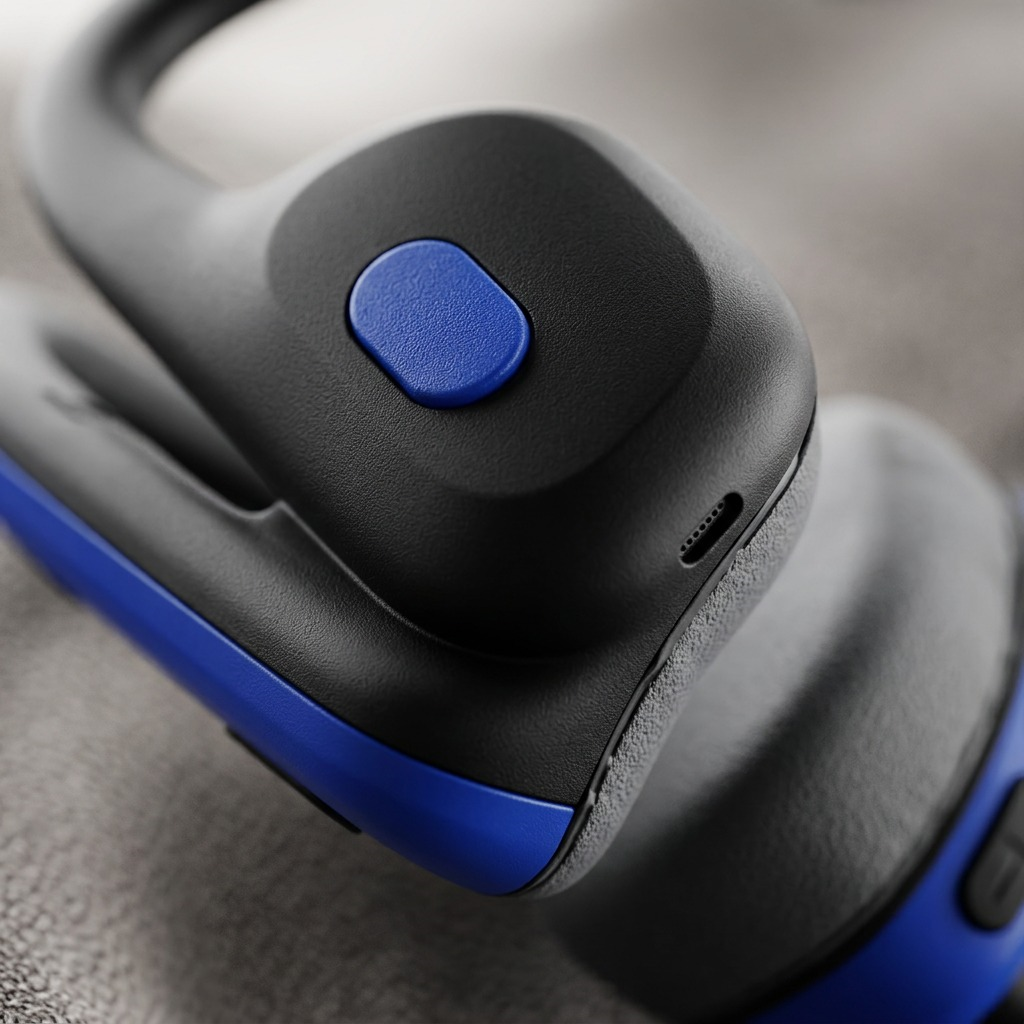 An extreme close-up of the OPN Sound Mezzo+'s earpiece, showing the textured blue button and a USB-C port against a fabric background.