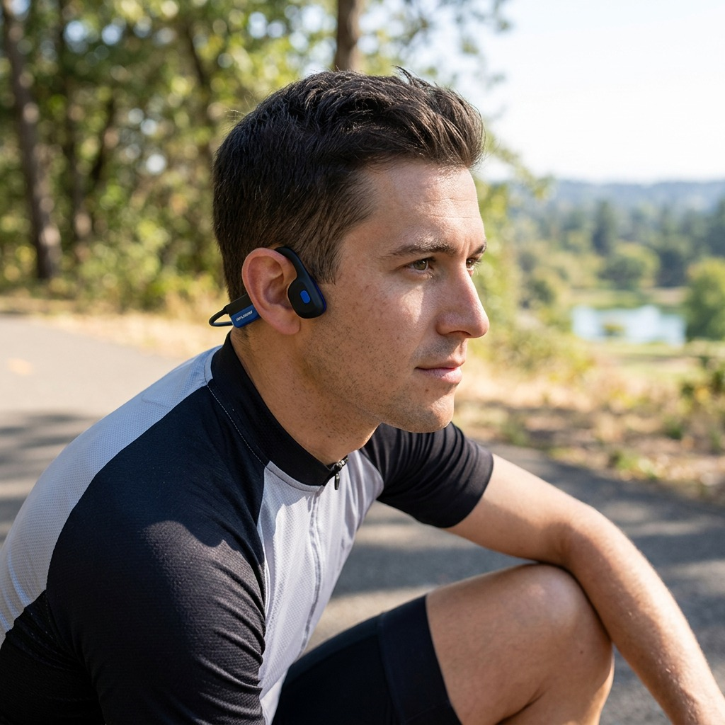 A close-up photograph of one OPN Sound Mezzo+ headphone worn by a casual cyclist during a break on a paved trail. Natural light highlights the matte frame, small blue OPN Sound logo, and the ear-bud rest placement in front of the ear. The cyclist wears a jersey; blurred trees and a distant lake are in the sunlit background.